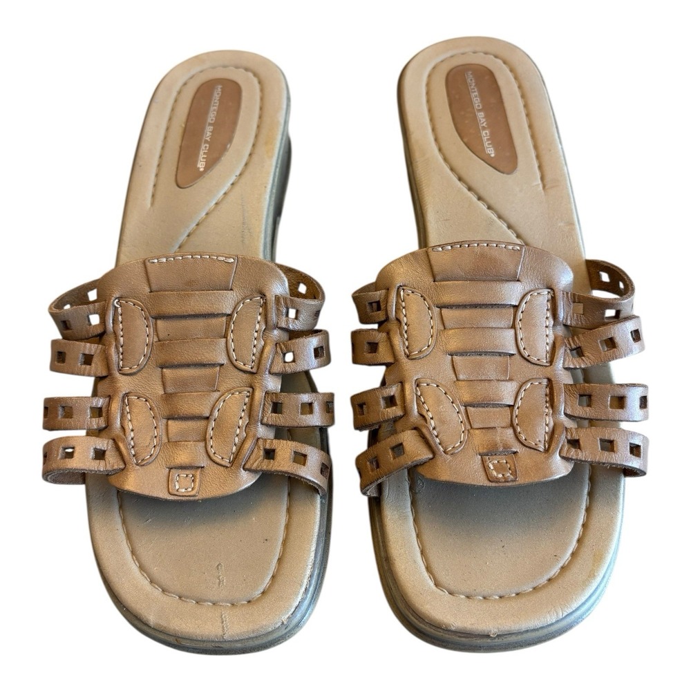 Montego Bay Club Slides Womens‎ 6.5 Brown Leather Sandals Cutouts Strappy